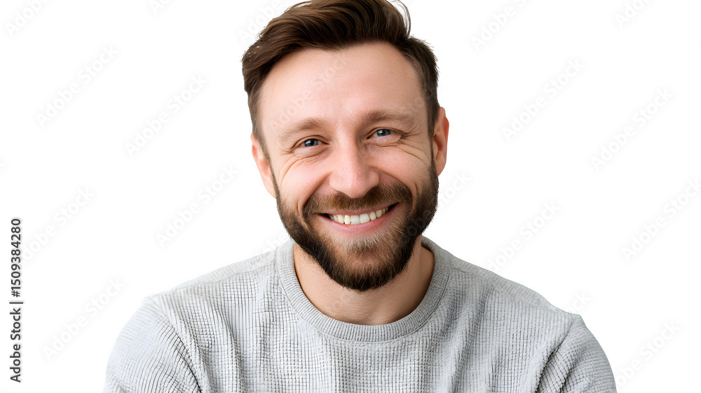 Obraz premium Friendly smiling man with a short beard, wearing a comfortable grey long-sleeved thermal shirt. Casual male portrait. Isolated on transparent background.