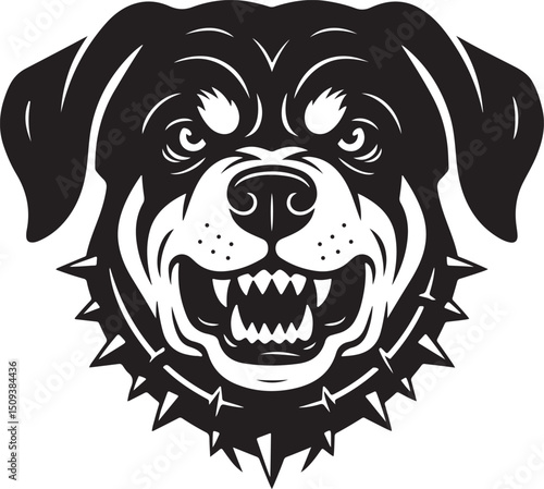 Aggressive Rottweiler Head Illustration—Black and White Guard Dog Vector with Spiked Collar