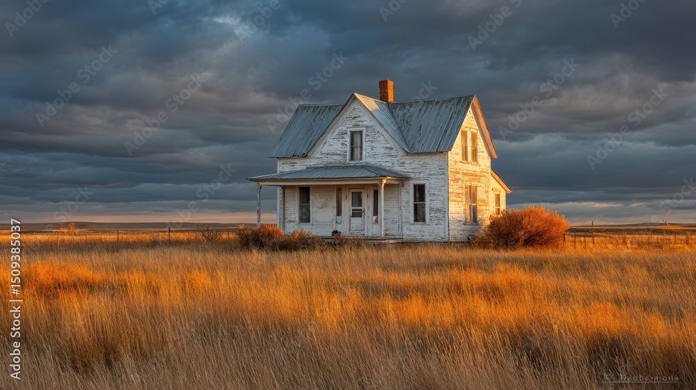 Obraz premium An old, white farmhouse stands isolated in golden grassland as the sun sets, casting warm light on the weathered exterior. Dark clouds loom overhead, adding contrast to the tranquil landscape