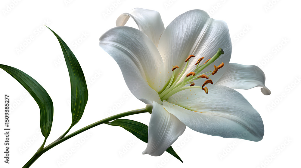 Naklejka premium Pristine white Easter lily bloom, elegant trumpet shape, extended stamens, graceful stem. Refined floral portrait. Isolated on transparent background.