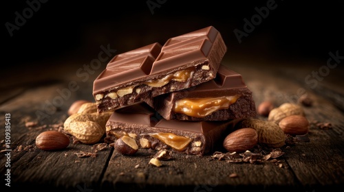 Chocolate bars filled with caramel and nuts are arranged artfully on a rustic wooden surface. The warm lighting enhances the rich textures and colors of the treat, inviting indulgence