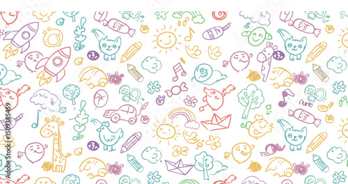 Kid summer beach crayon background. Doodle sea bg
