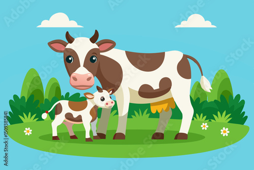 Little calf sucking milk from cow's udder, green field, summer day