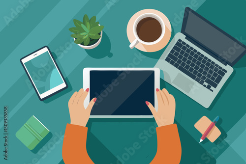 A cup of coffee on the table, notes, a notebook, a laptop around it - a morning of creative development	