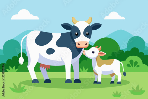 Little calf sucking milk from cow's udder, green field, summer day