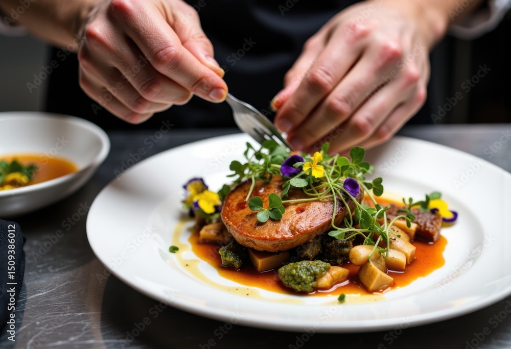 Chef garnishes a gourmet meat dish with microgreens on a white plate in a fine dining setting Chef garnishes a gourmet meat dish with microgreens on a white plate in a fine dining setting