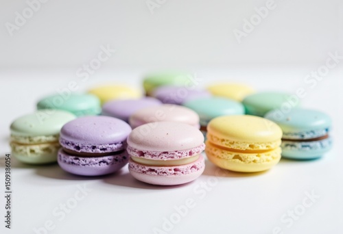 Colorful macarons arranged on a white surface with a soft background