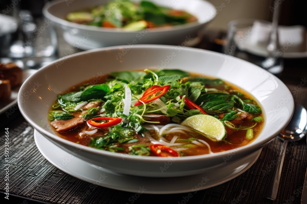 Pho Suppe Rindfleisch Vietnamesisch Nudelsuppe Asiatisch Kräuter Limette Chili Brühe Frisch Exotisch Streetfood Rezept Authentisch Aromatisch Mittagessen Gesund Hausgemacht Küche Pho Suppe Rindfleisch Vietnamesisch Nudelsuppe Asiatisch Kräuter Limette Chili Brühe Frisch Exotisch Streetfood Rezept Authentisch Aromatisch Mittagessen Gesund Hausgemacht Küche