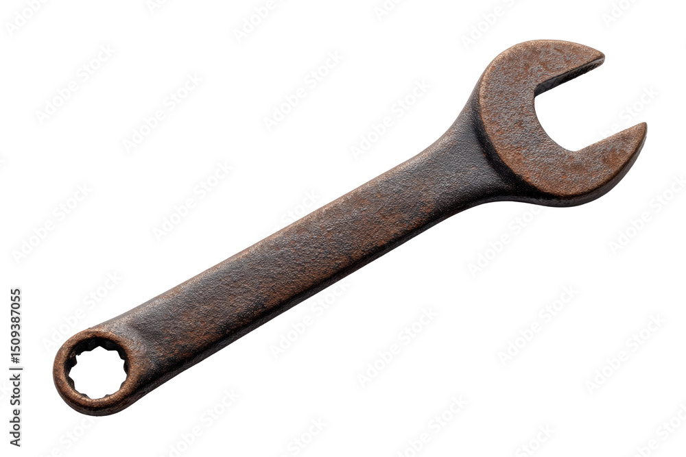 Rusty open-end wrench on black background - weathered metal tool, cut out Rusty open-end wrench on black background - weathered metal tool, cut out