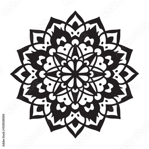 A deep black mandala silhouette resembling smooth obsidian stone, perfectly set against a pure white backdrop.
