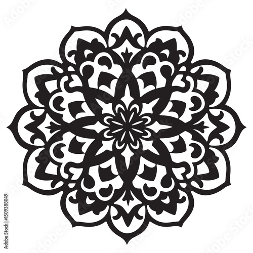 A bold black mandala silhouette blossoming from the emptiness, creating a striking contrast on a white background
