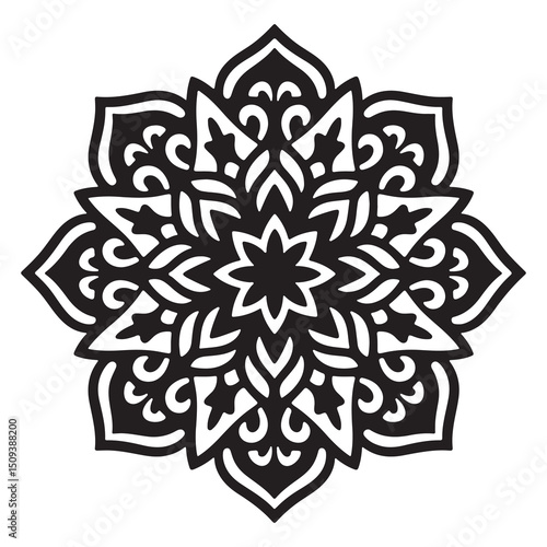A serene black mandala silhouette with soft, petal-like shapes, peacefully resting on a white background