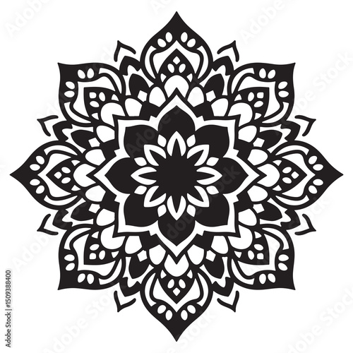 A bold black mandala silhouette, like intricate ink strokes on a crisp white canvas sharp, detailed, and timeless.