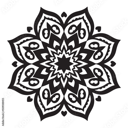 A bold black mandala silhouette that stands out sharply against a bright white background, celebrating simplicity and clarity