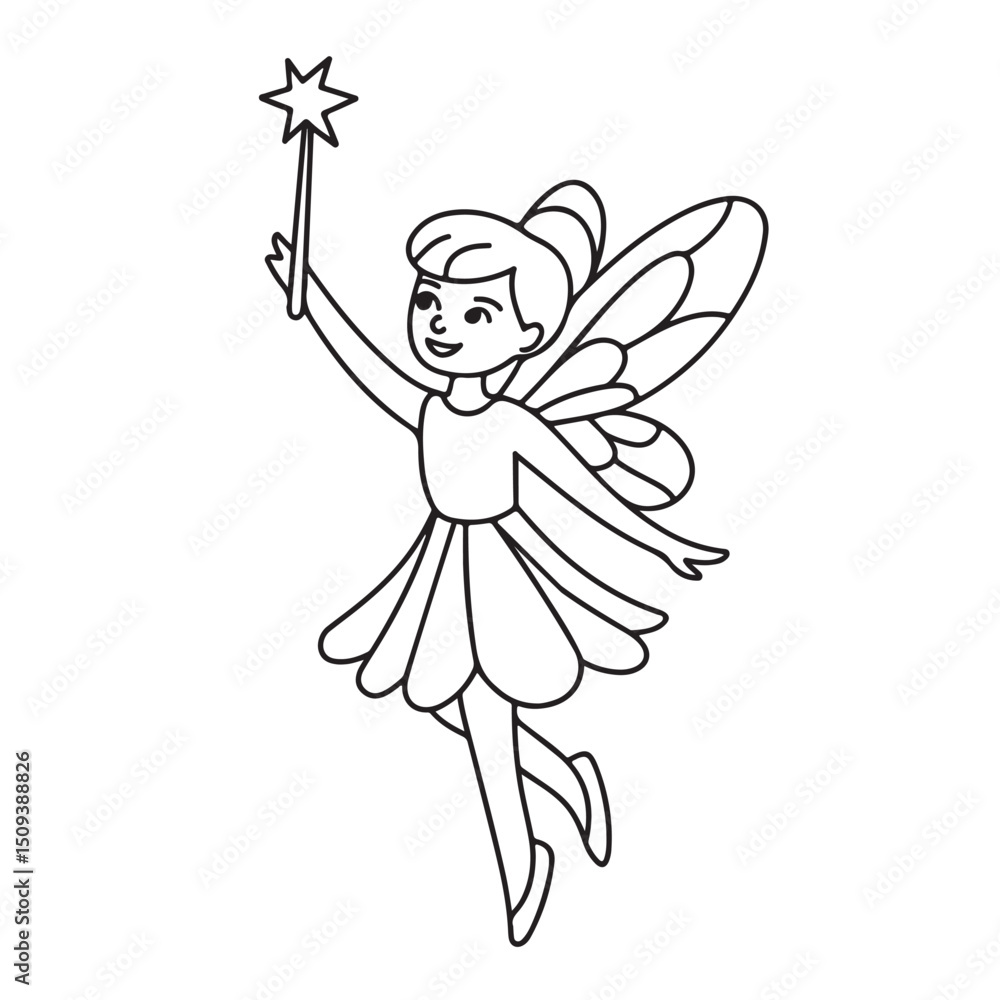 Cute Flying Fairy with Magic Wand – Black and White Coloring Page for Kids Cute Flying Fairy with Magic Wand – Black and White Coloring Page for Kids