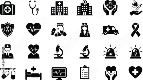 Hospital and medical health care icon set. Containing hospital, drug, heart beat, doctor, stethoscope, ambulance, medical bed and more, vector