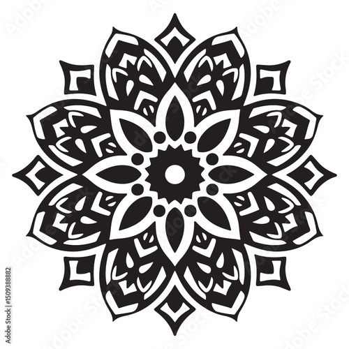 A delicate black mandala silhouette on white, embodying spiritual balance and peaceful energy