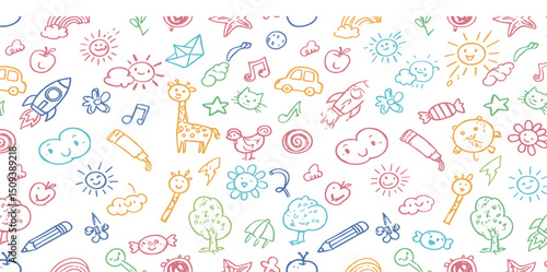 Kid pattern, baby background. Crayon seamless bg