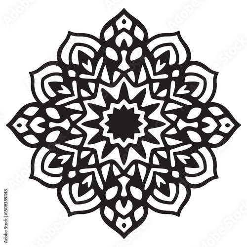 A captivating black mandala silhouette that stands out powerfully on a white background, representing the perfect balance between light and dark, chaos and order.