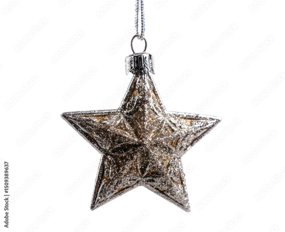 Glittery gold star ornament hanging against black background, cut out Glittery gold star ornament hanging against black background, cut out