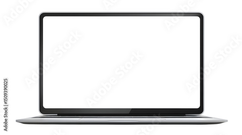 Sleek modern laptop computer, direct front view perspective, displaying a clean blank white screen. Technology device mockup. Isolated on transparent background.