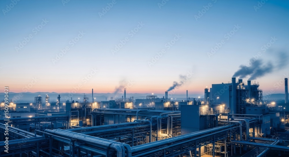 Fototapeta premium Industrial plant at dusk with illuminated buildings and smoke from chimneys. Energy production and city electrical network concept.