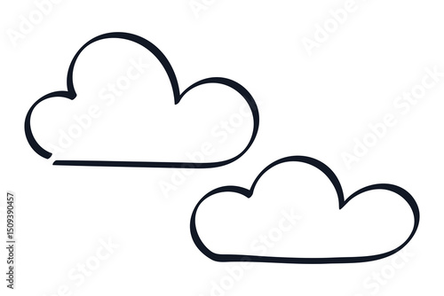 Doodle of two Clouds. Hand drawn marker sky Symbol. Outline Cloudy Weather. Curly line. Isolated black ink shapes. Simple Comic style. Childish image. Black and white Sketch icons. Vector illustration