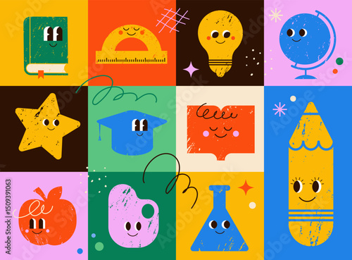 Seamless pattern with hand drawn classroom items characters. 