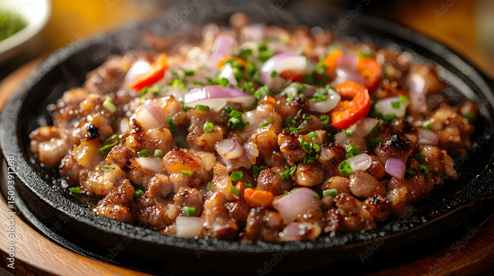 A mouth-watering Filipino pork sisig served sizzling on a fiery cast iron platter. The savory dish is crowned with vibrant chopped onions and fiery chili, delivering an unforgettable burst of flavor. A mouth-watering Filipino pork sisig served sizzling on a fiery cast iron platter. The savory dish is crowned with vibrant chopped onions and fiery chili, delivering an unforgettable burst of flavor.