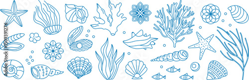 Mediterranean underwater sea life doodle blue outline vector illustration set