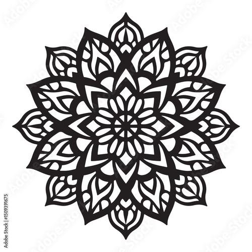 Abstract black and white floral mandala design with nature-inspired decorative elements