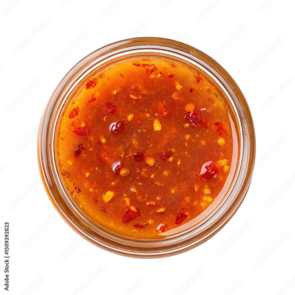 Obraz premium Glass jar filled with delicious, fermented hot honey, creating a sweet heat sauce enriched with probiotics, captured from above against a transparent background