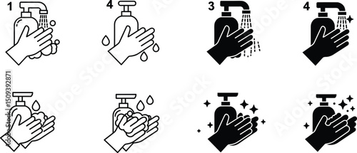 Hand washing icons set, Black vector and line icon, vector illustration