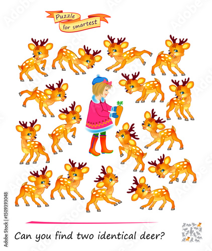 Can you find two identical deer? Logic puzzle for children and adults. Game Seek and Find. Page for kids brain teaser book. Task for attentiveness. IQ test. Play online. Vector illustration.
