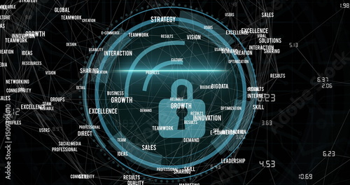 Image of cyber security and padlock in circle texts on black background