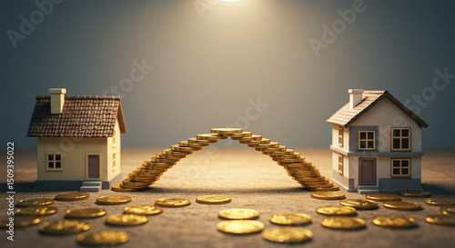 Two houses connected by a bridge made of gold coins symbolizing investment in real estate market growth
