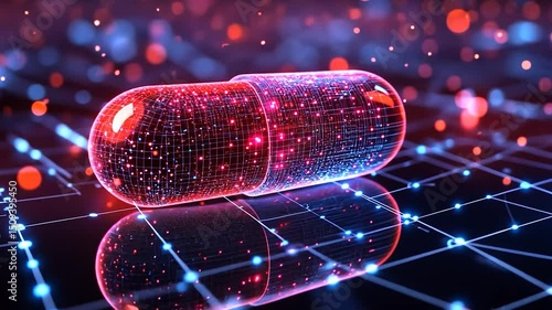 Futuristic pill graphic design on a technology grid background