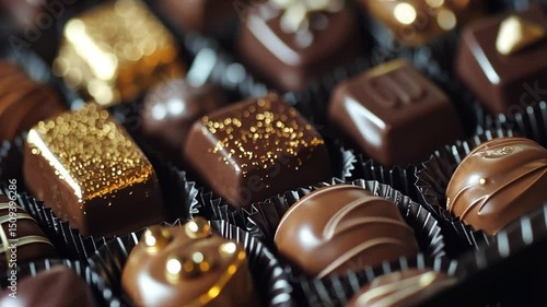Gourmet chocolate assortment box, close-up view, dark rich tones, golden highlights