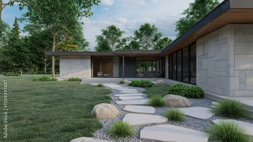Obraz premium Modern Ranch House Design Stone Pathway and Landscaping