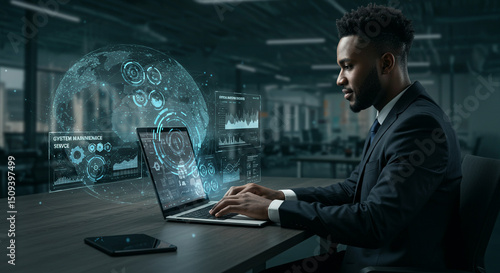Man in suit working on laptop with holographic interface displaying data and system maintenance service