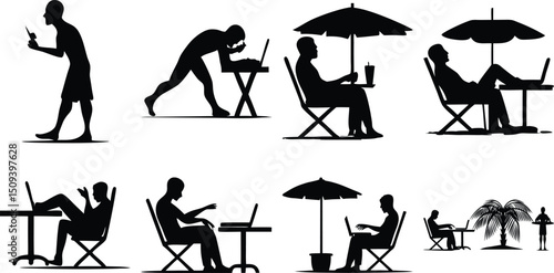 Remote Work and Relaxation Scenes in Silhouette