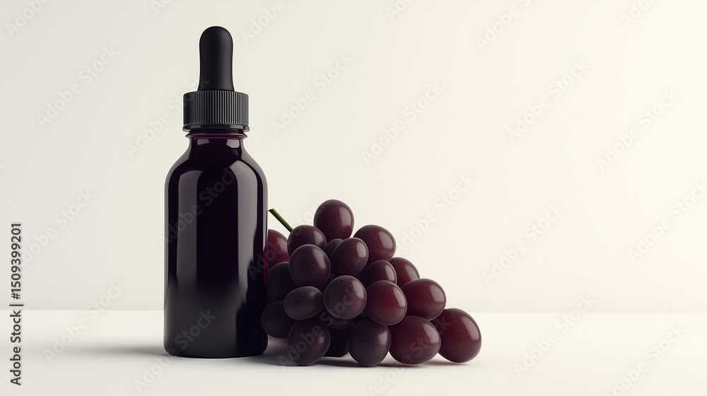 Obraz premium A bottle of grapeseed hair oil is displayed with fresh grapeseed fruit, conveying natural nourishment, purity, and lightweight beauty care benefits on white background 