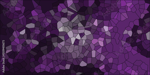 Abstract mosaic pattern in shades of purple and violet with geometric shapes and black outlines for creative design