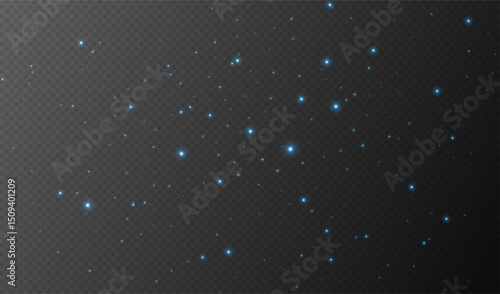 Blue sparkling stars, shiny particles light effect, transparent flying stardust texture, abstract twinkle Christmas decoration. Vector illustration.