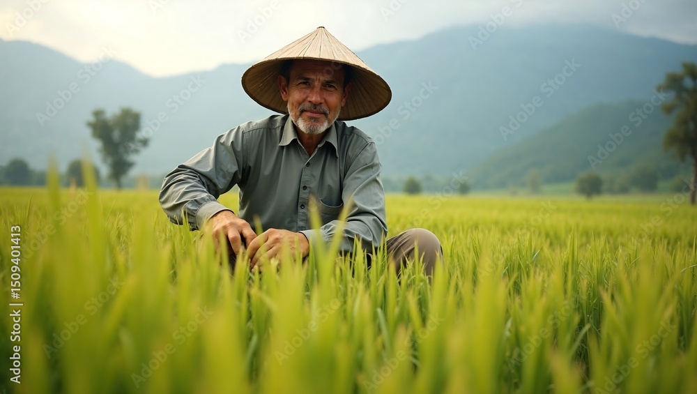 middle aged male farmer is harvesting rice in a vast green paddy field with a misty mountain background,grass,summer,mountain middle aged male farmer is harvesting rice in a vast green paddy field with a misty mountain background,grass,summer,mountain