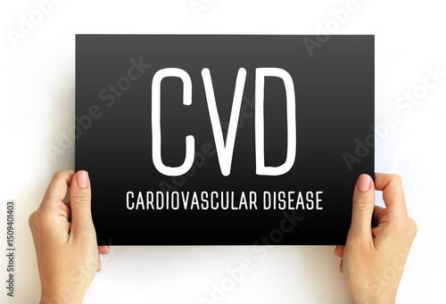 CVD Cardiovascular Disease - group of disorders of the heart and blood vessels, acronym text concept on card for presentations and reports