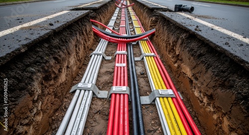 Underground electric cable installation with colorful wire for city electrical network and infrastructure. Electrical cable in trench on ground with road.