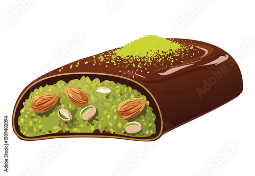 chocolate dessert roll filled with kunafa and pistachio paste - vector illustration