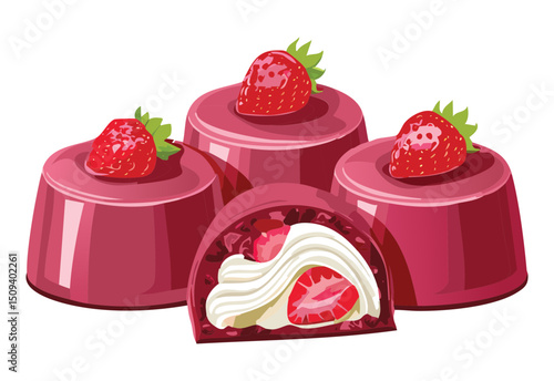 Strawberry panna cotta with fresh berries - vector illustration