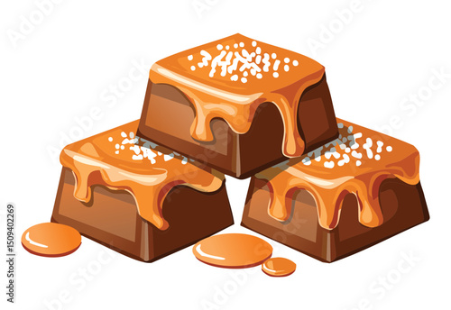 Stacked chocolate caramel squares with coconut flakes - vector illustration